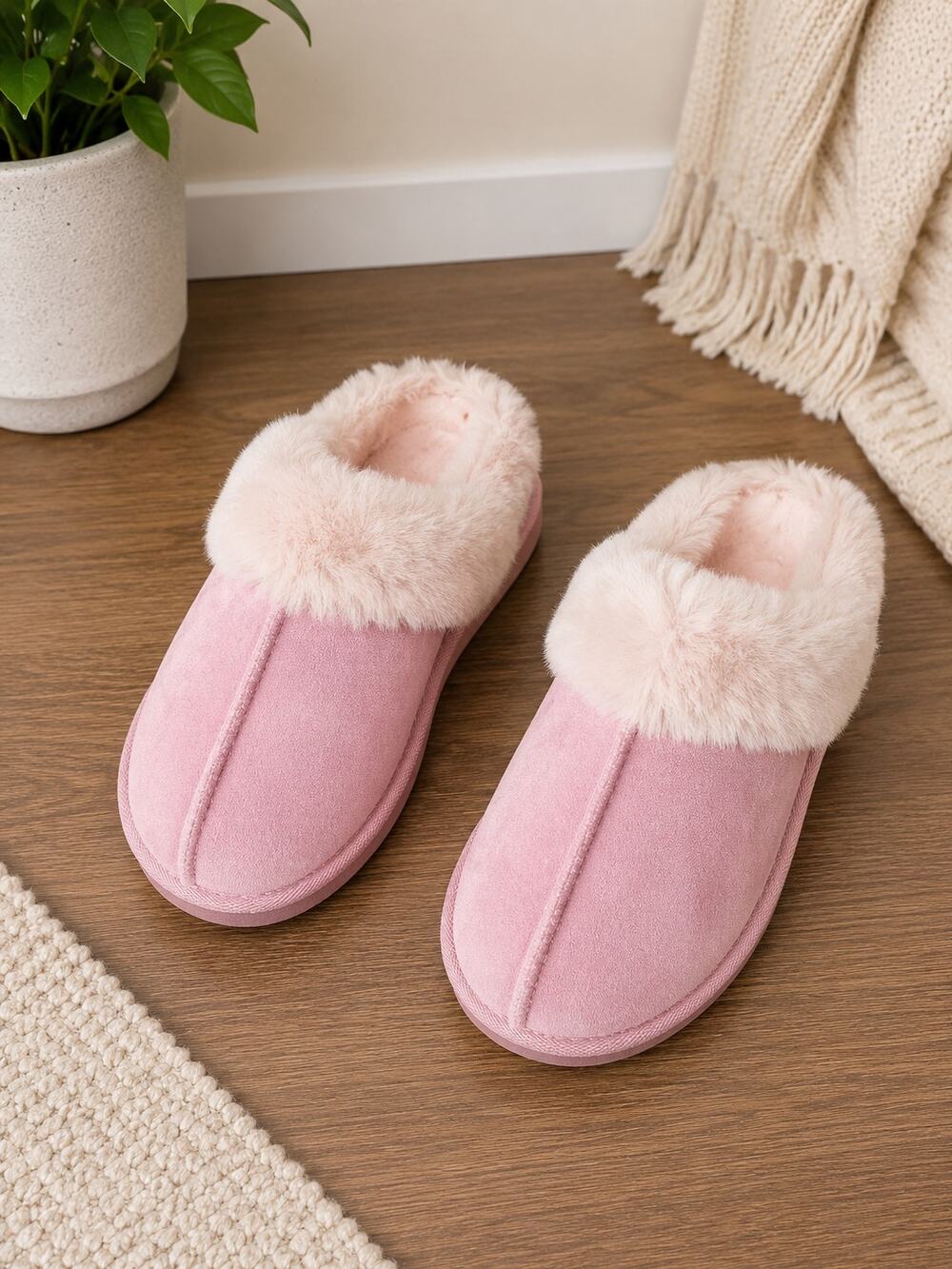 Pink Faux Fur Slippers Women’s Size 5-6 Cozy Plush House Shoes NWOT